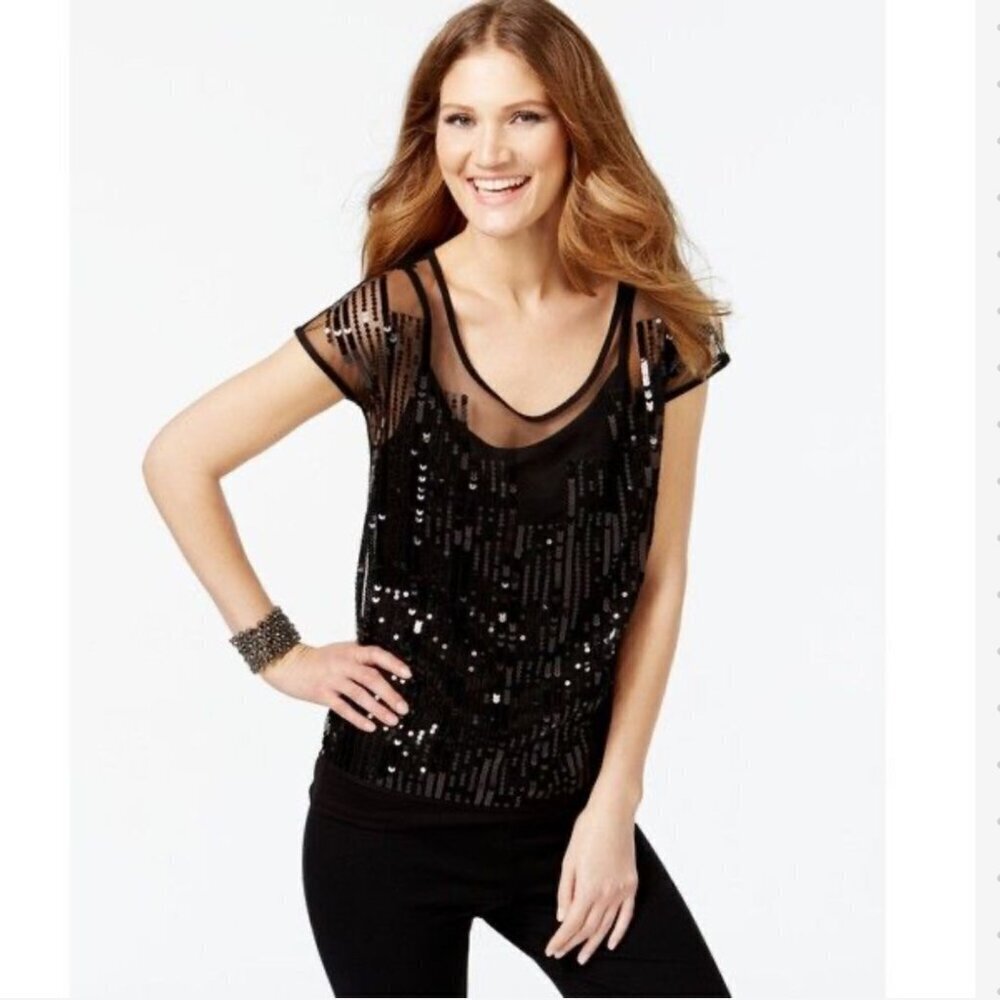 NWT INC Black Jubilant 2 piece Sheer Sequin Top with Built in Camisole, Size M